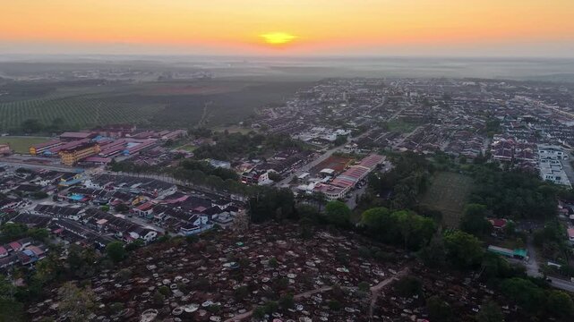 Aerial view of a sunset over a town