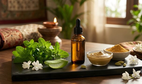 Traditional Ayurvedic luxury spa and wellness set on dark basalt stone with golden herbal oil dropper bottle Multani mitti and ubtan pastes fresh aloe vera and mint leaves stock photo

