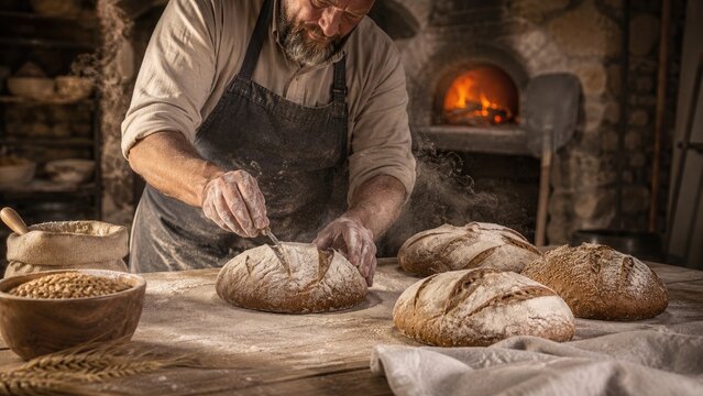 Artisan baker scoring sourdough loaves on a floured table in a rustic wood-fired bakery, preparing crusty bread