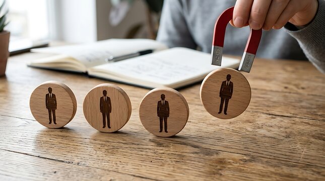 Hand using a red magnet to attract a wooden block with a businessman representing recruitment talent acquisition and leadership selection