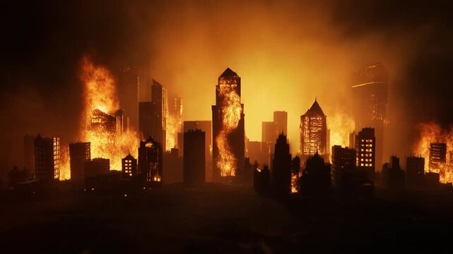City skyline engulfed in raging fires at night