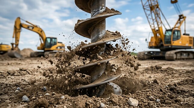 Large industrial earth auger drilling into soil at a construction site with heavy machinery excavators and cranes in the background, under blue sky