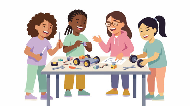 Diverse Group of Girls Building a Robot Car Together, STEM Education and Engineering Collaboration Concept Illustration