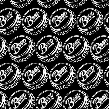 Seamless pattern of white beer bottle caps with Beer text on a black background, perfect for bar decor, fabric design, or beverage branding.