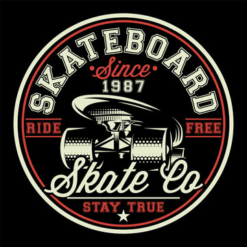 Vintage skateboard logo with a classic skateboard graphic, text elements Skateboard since 1987 Ride Free Skate Co Stay True in a circular badge.
