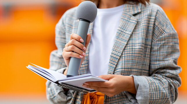 Faceless female journalist with microphone and notebook taking interview on orange background in closeup, press journalism concept, media photography, blurred orange background,