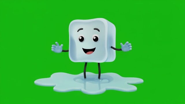 Happy ice cube character dancing with joy on green screen background