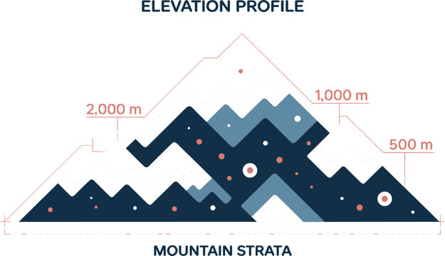 Mountain elevation profile and geological strata chart infographic with altitude measurements and rock layer cross section vector