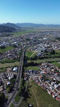 Tubarao, Santa Catarina, Brazil. Tubarao river. Aerial view of the sunset.

