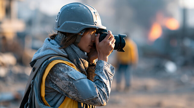 Faceless female war correspondent in press helmet and protective vest reporting live from bombed conflict zone with smoke and fire visible, war journalism concept, breaking news