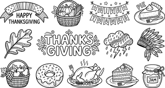 Thanksgiving day doodle set hand drawn illustrations for fall holiday graphics and decorations