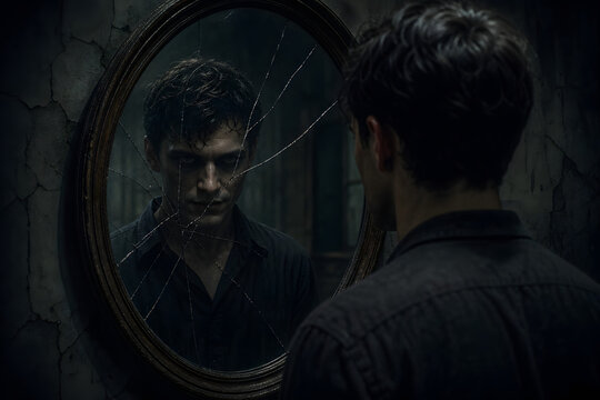 Sinister Doppelganger Reflection In Cracked Mirror