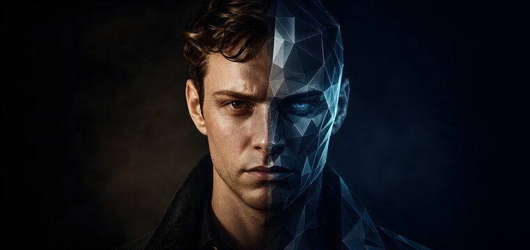 Split Human and Synthetic Face in Dark Banner