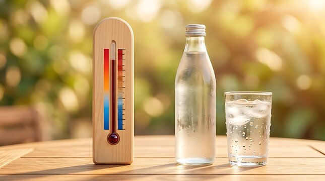 Wooden thermometer and a glass of cold water with ice on a wooden table outdoors during a sunny day representing hydration and summer heat
