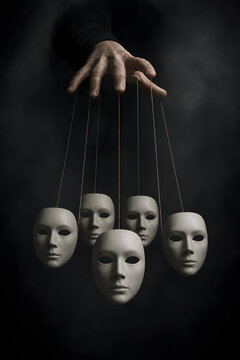 Puppeteer Hand Controlling Blank Masks In Dark Light