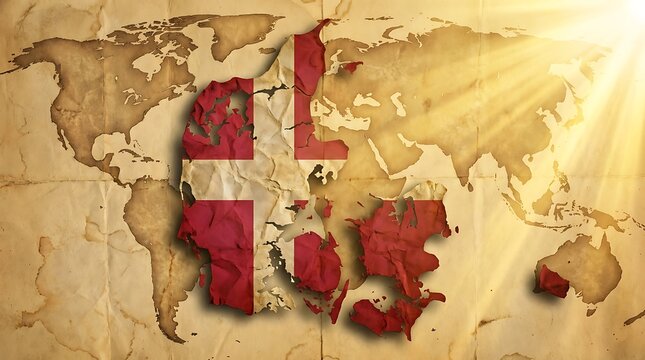 Vintage world map with Denmark flag, grunge textured background, sunny rays, travel and geography concept.