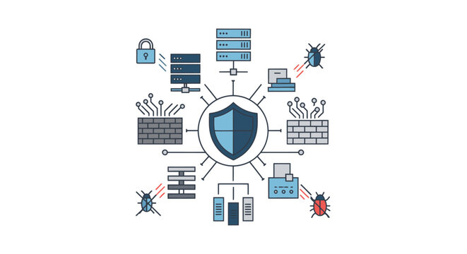 Cybersecurity concept illustration with shield protecting network servers from viruses and data breaches
