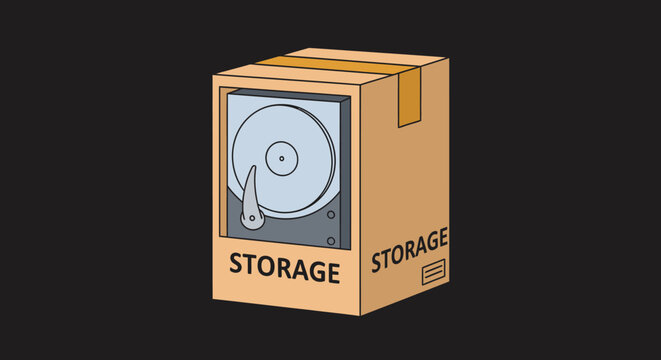 Hard drive inside a cardboard box labeled STORAGE, symbolizing data storage and backup solutions