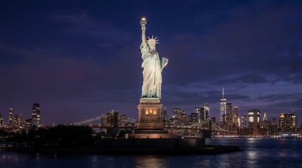 Fototapeta premium A night view of the statue of liberty illuminated against a dark blue twilight sky with the distant new york city skyline glowing in the background