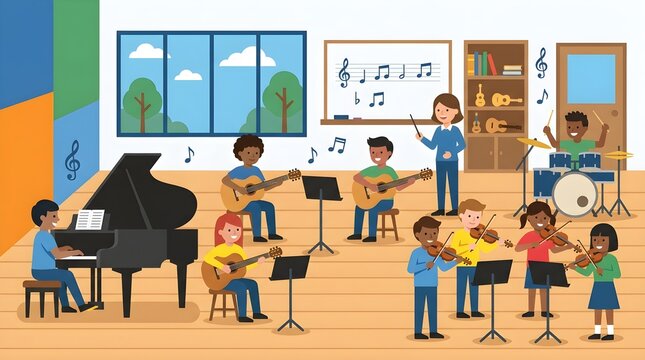 Happy elementary school students playing various musical instruments including piano, guitar, violin, and drums during a music class. Teacher instructing children in a bright classroom. Flat vector il