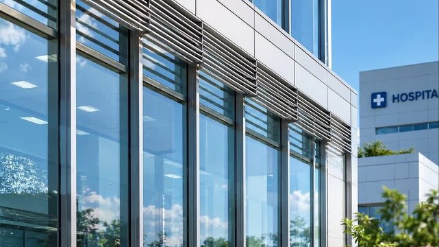 Energy efficient hospital exterior modern glass facade with reflective panels and sunshades creating calm sustainable healthcare atmosphere