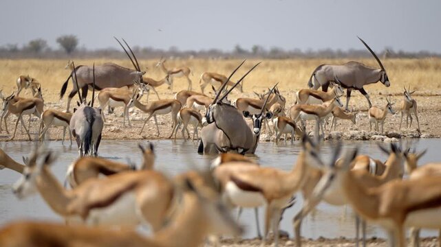 Herds of oryxes, zebras and springbok gather around a waterhole in Etosha National Park, Namibia. 