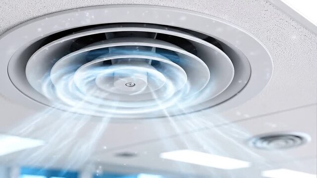 Energy efficient hospital ceiling diffuser and air vent circulating cool clean airflow, modern medical ventilation releasing calm breathable indoor