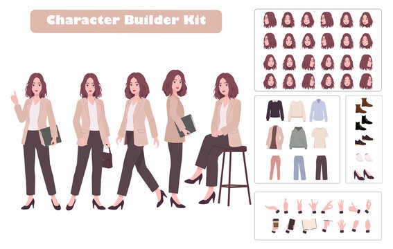 Business Woman Character Builder Kit with Poses, Facial Expressions, Office Outfits and Accessories Set