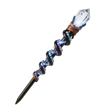 Realistic magic wand with crystal and spiral details on transparent background