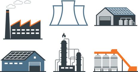 Obraz premium Energy Production and Industrial Facility Icon Set with Power Plant Solar Infrastructure Refinery Manufacturing and Sustainable Engineering Vector Collection