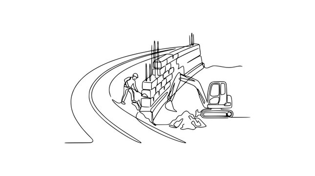 Construction worker building retaining wall with excavator and road, continuous line art