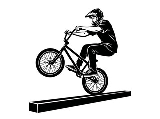 Obraz premium BMX rider performing a trick on a grind rail with a helmet and protective gear, black and white illustration Silhouette