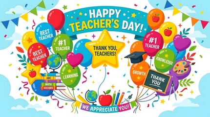 Naklejka premium Happy Teachers Day Celebration Banner with Colorful Balloons, School Supplies and Thank You Teacher Message