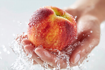 Fototapeta premium Hand Washing Peach with Water Splash