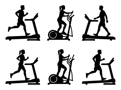 Silhouettes of people exercising on treadmills and elliptical machines in a gym setting Silhouette