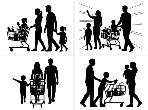 Family Silhouette Shopping Together Pushing Cart Full of Groceries Four Different Poses Isolated on White Background Silhouette