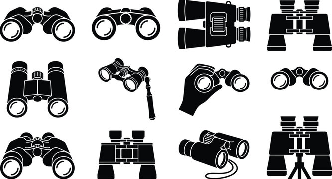 Binocular Collection Silhouette Set with Optical Equipment Telescope Viewing Surveillance Observation Hunting Travel and Outdoor Vision Vector Illustration