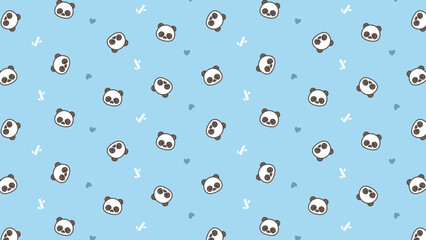 Cute panda faces dot a soft blue background. Each face has simple, smiling eyes and ears. Tiny hearts and doodle arrows float nearby. Playful, sweet, and calming design for children © rochmuch