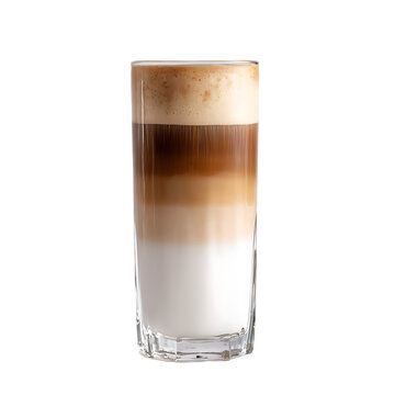  layered latte macchiato in tall clear glass on white background(3)