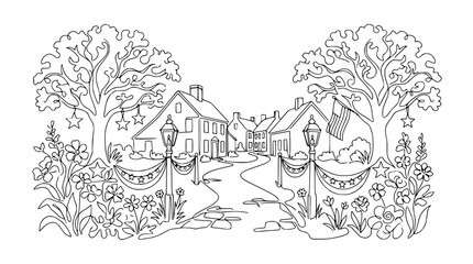 Obraz premium Whimsical Village Scene, Independence Day Celebration, Line Art
