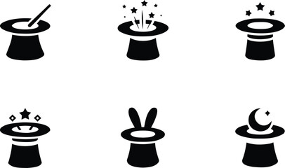 Black silhouettes of magic hats with various magical objects coming out of them © Shahin Stock