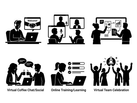 Diverse group of people engaged in various virtual work and social activities using technology for remote collaboration and connection Silhouette