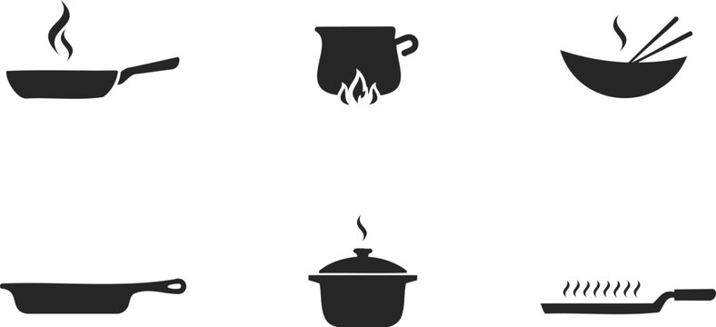 Black silhouettes of various kitchen utensils and cookware on white background