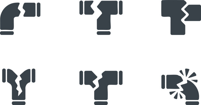 Broken pipe icons in various damage states for plumbing and water system concepts