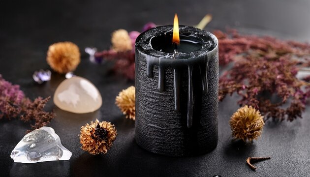 close up of half burned black candle with dripping wax on a dark stone surface surrounded by dried flowers and a crystal creating a moody aesthetic