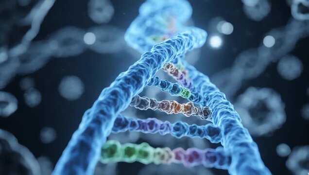 DNA double helix inside a transparent cellular environment, realistic genetic structures slowly rotating in synchronized motion