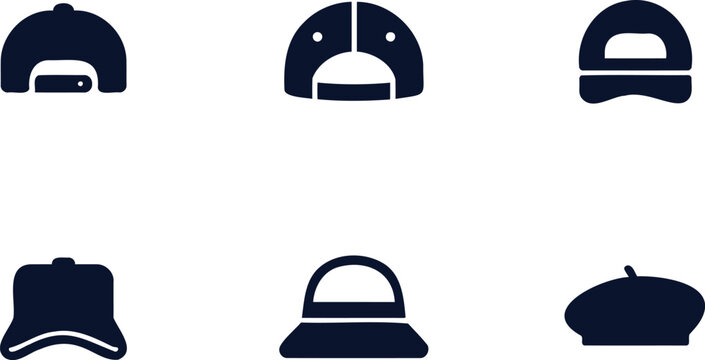 Six different baseball cap silhouettes in various styles and angles for design use