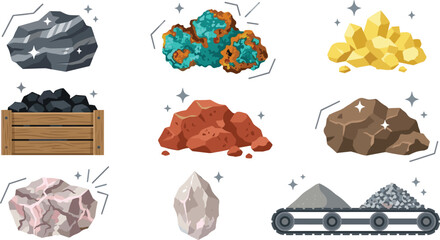 Mining and Mineral Resource Icon Set Featuring Ore Rocks Coal Gold Crystals Excavation Materials and Industrial Geology Elements Collection © Minara