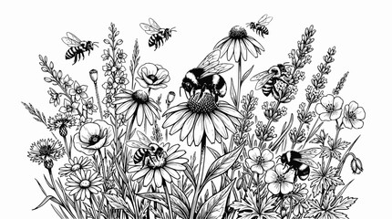 Bumblebees on Wildflowers, Hand-Drawn Botanical Illustration, Nature Scene © illustration