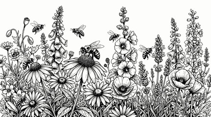 Whimsical Garden Border: Bees Buzzing Among Wildflowers, Hand-Drawn Illustration © illustration